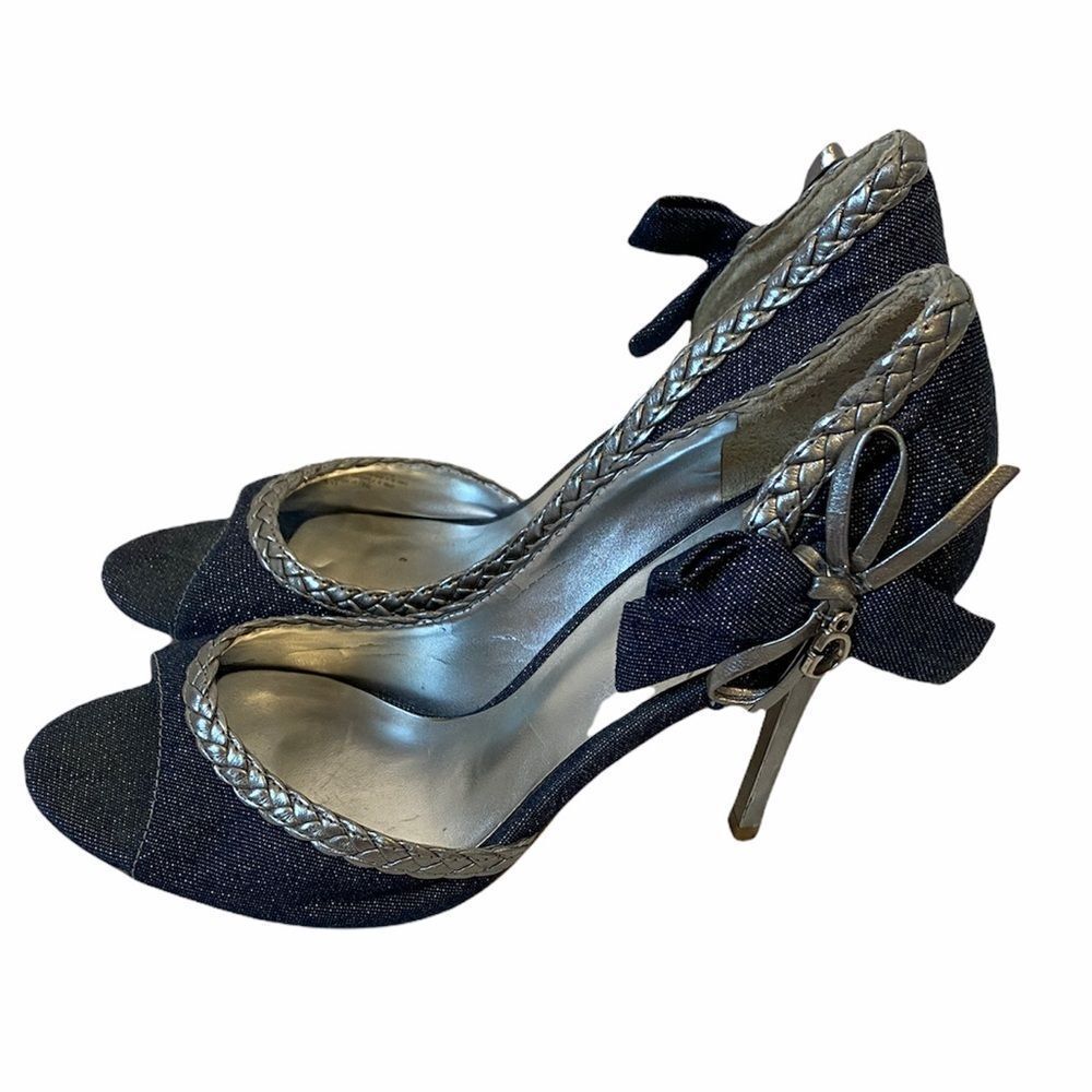 GUESS Denim&Silver Bow Open Toe High Heel 6